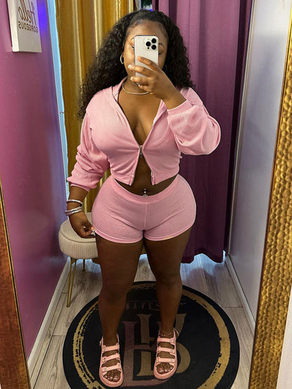 Athleisure Ribbed Three Piece Shorts Set