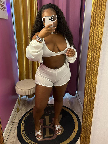 Athleisure Ribbed Three Piece Shorts Set