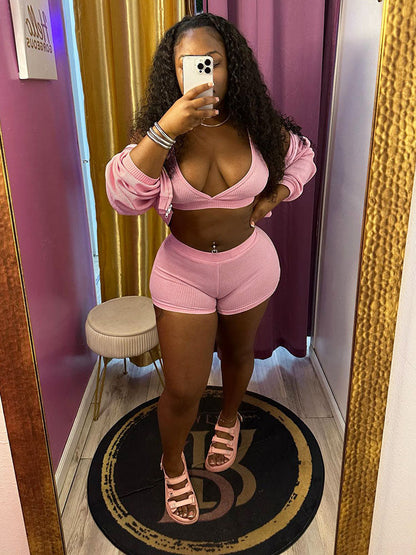 Athleisure Ribbed Three Piece Shorts Set