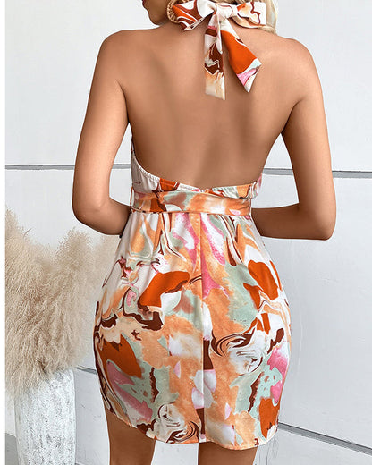 Printed Bohemian Sleeveless Halterneck Sexy Dress Women