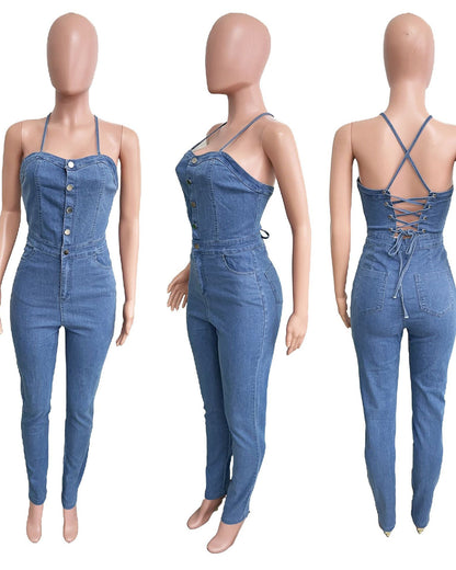 Skinny Stretch Fit Backless Bandage Denim Jumpsuit