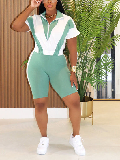 Sporty Contrast Jacket & Biker Shorts Set