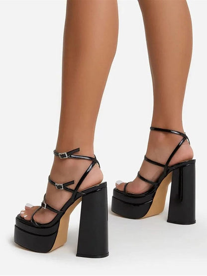 Leather Buckle Strap Platform Heel Sandals