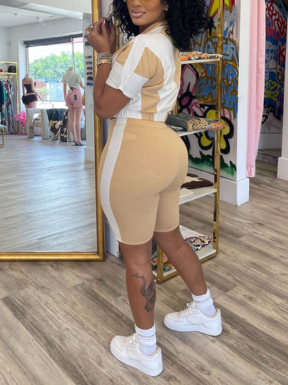 Sporty Contrast Jacket & Biker Shorts Set