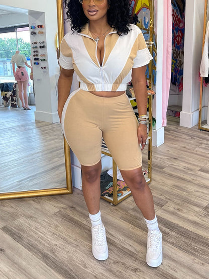 Sporty Contrast Jacket & Biker Shorts Set