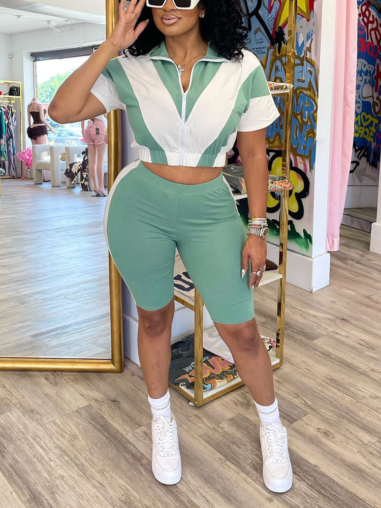 Sporty Contrast Jacket & Biker Shorts Set