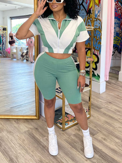 Sporty Contrast Jacket & Biker Shorts Set