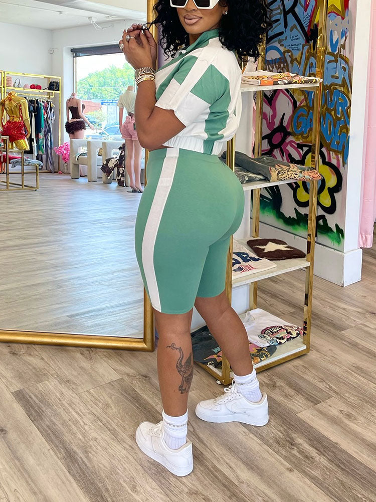 Sporty Contrast Jacket & Biker Shorts Set