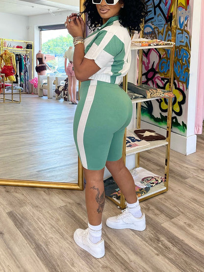 Sporty Contrast Jacket & Biker Shorts Set