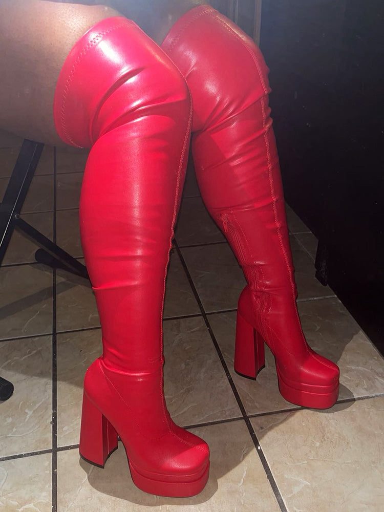 PU Platform Heel Thigh High Boots