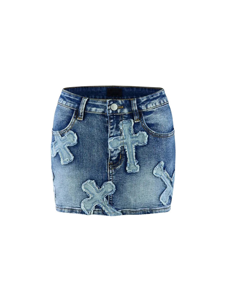 Denim Halter Top Cross Skirt Set