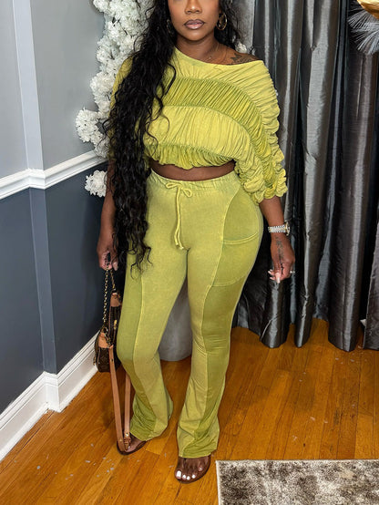 Washed Ruched Top & Flared Pants Set