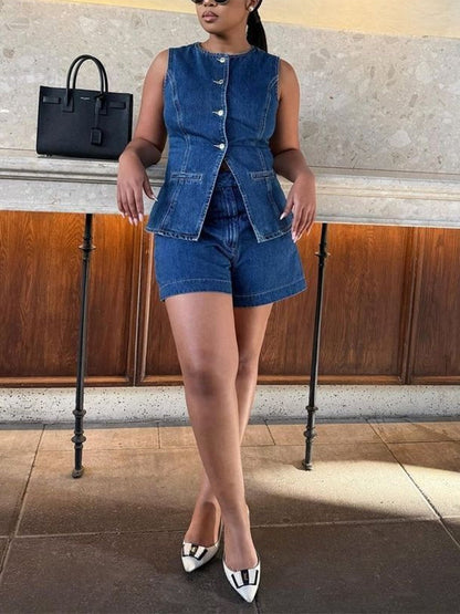 Button Vest & Shorts Denim Set