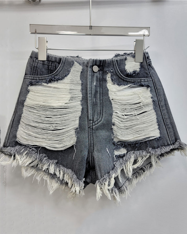 Ripped Beggar Cut-off Denim Shorts Grey