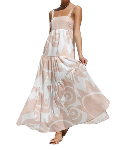 Simple Printed Suspender Maxi Dress with Large Skirt