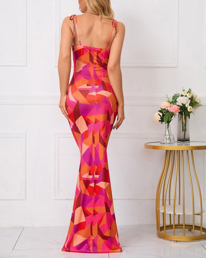 Printed Slip Pleated Backless Dress