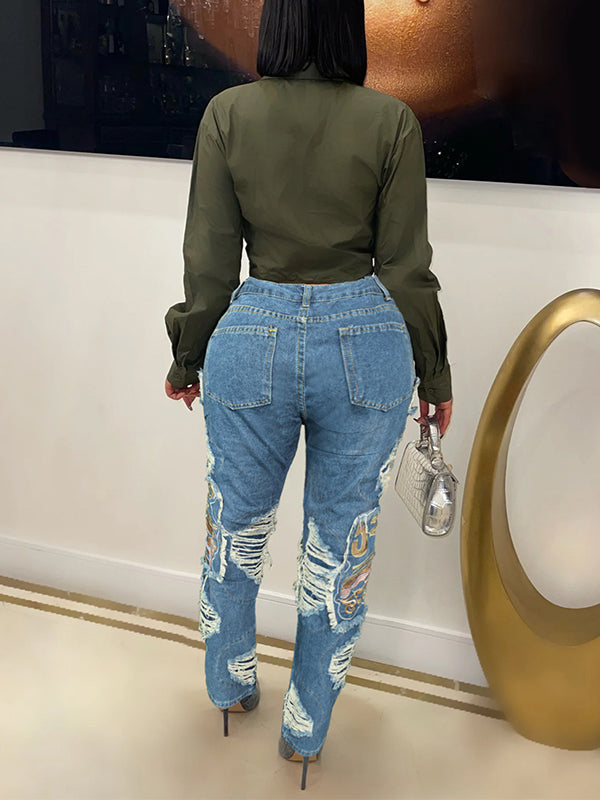 Embroidery Ripped Jeans