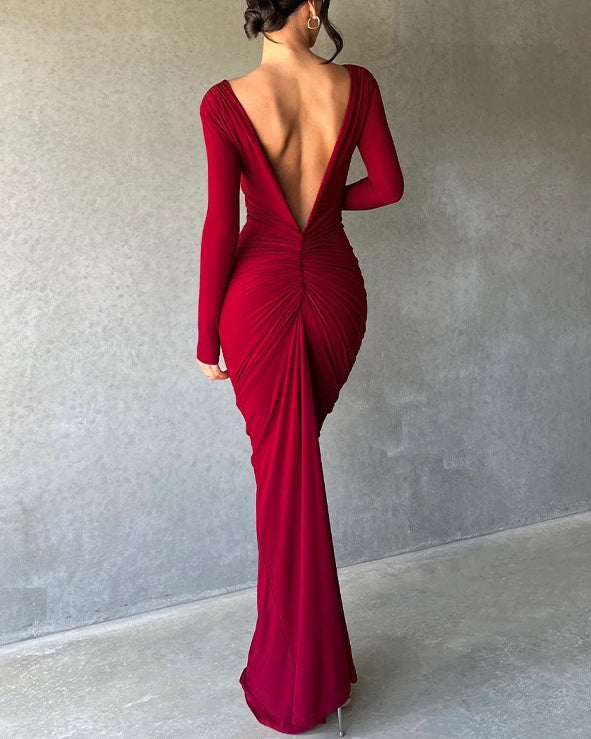 Reversible Pleated Long-Sleeved Backless Maxi Dress DarkRed