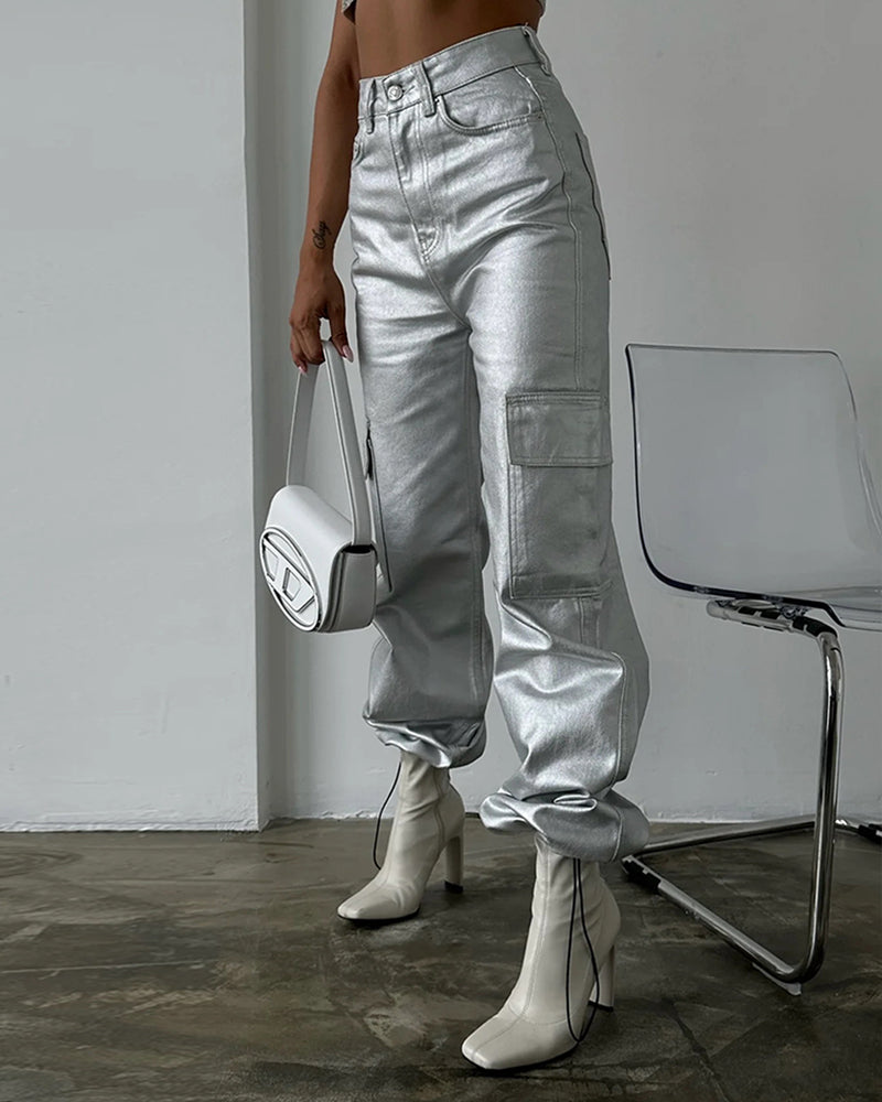 Overalls With Cuffs Large Pockets Metallic Work Jeans (Pre-sale)