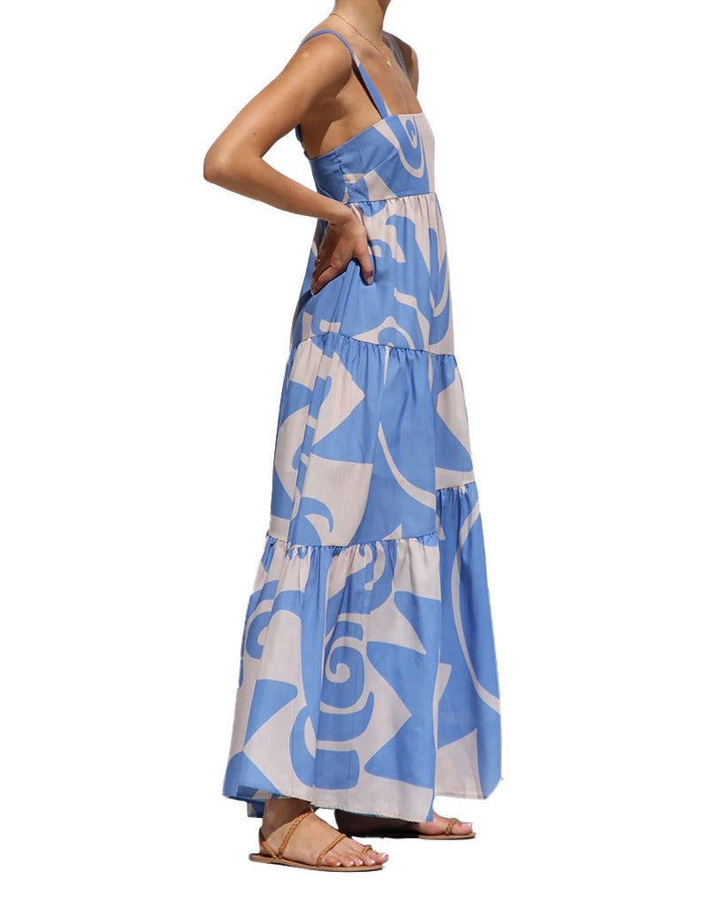 Simple Printed Suspender Maxi Dress with Large Skirt