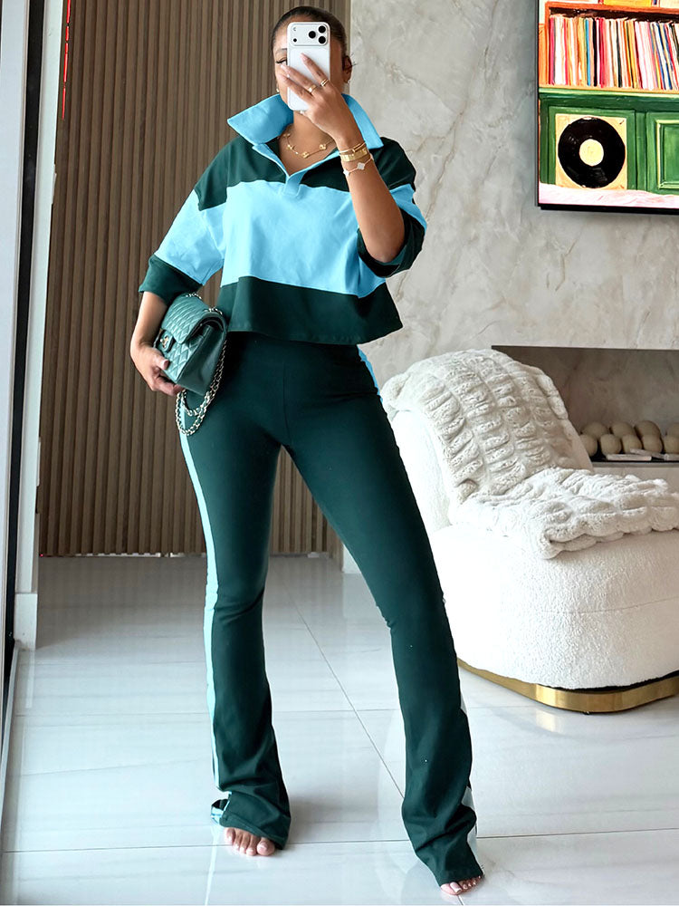 Colorblock Cropped Polo Top & Flare Leggings Set