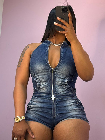 Ruched Denim Top & Shorts Set