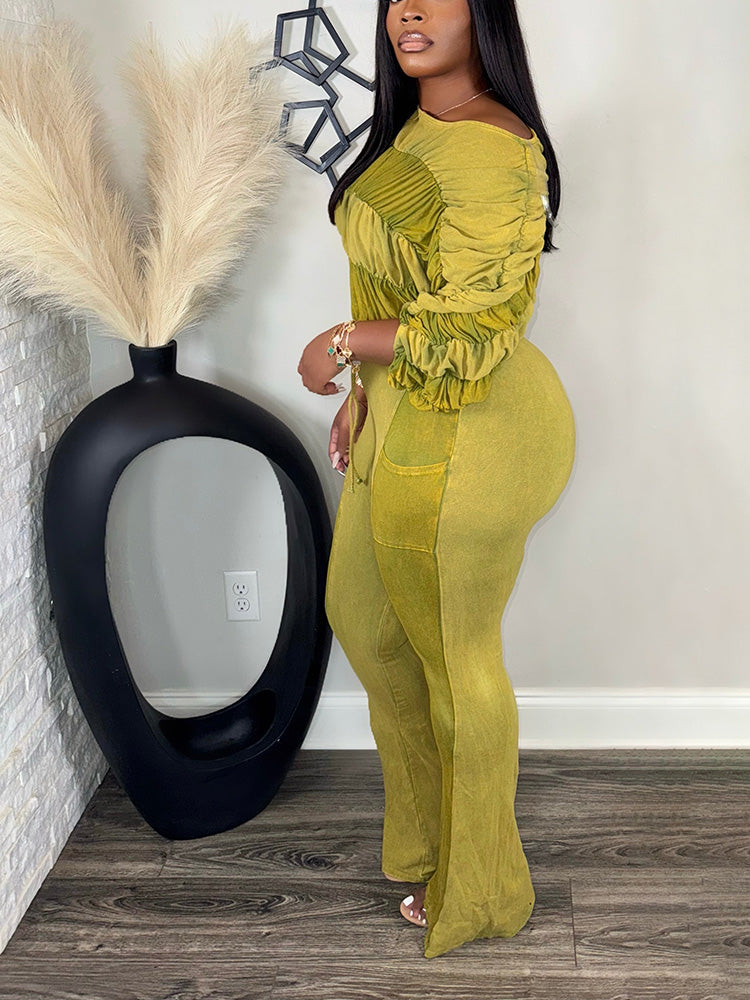 Washed Ruched Top & Flared Pants Set