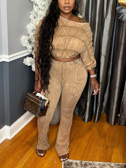 Washed Ruched Top & Flared Pants Set