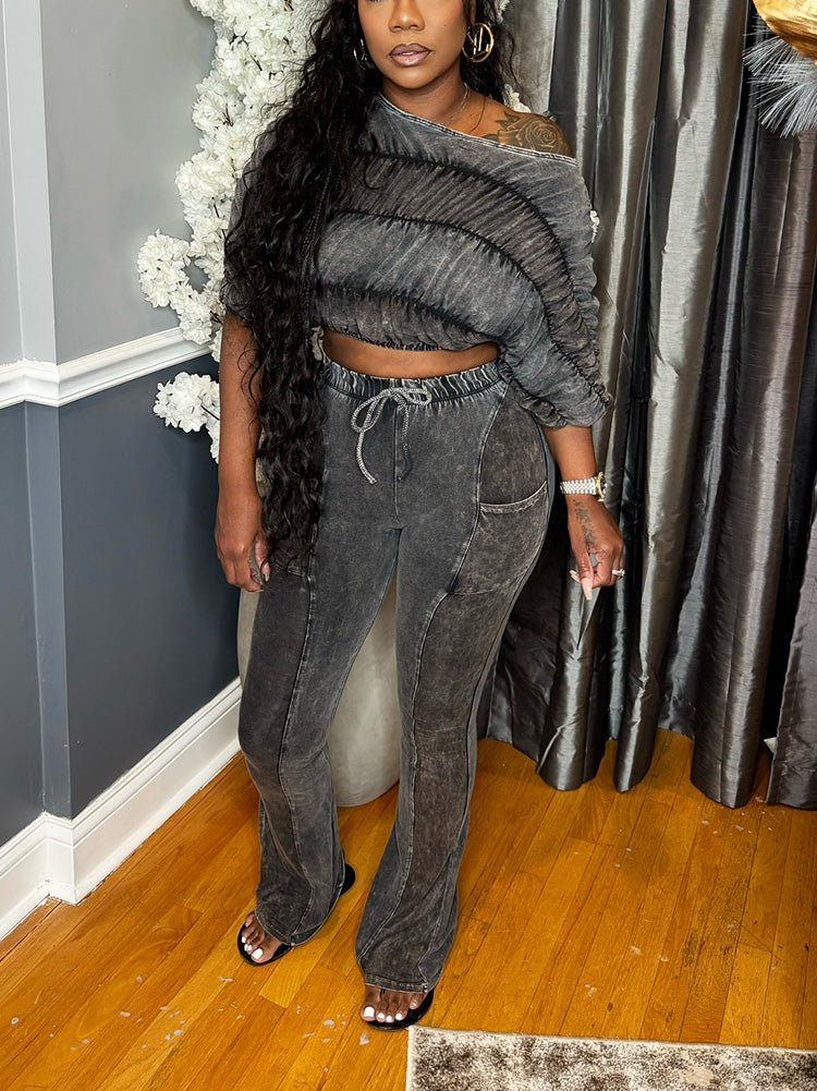Washed Ruched Top & Flared Pants Set