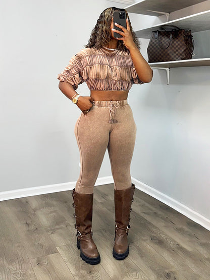 Washed Ruched Top & Flared Pants Set