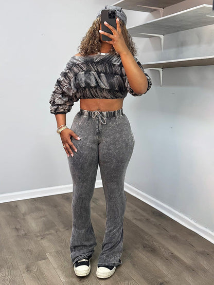 Washed Ruched Top & Flared Pants Set