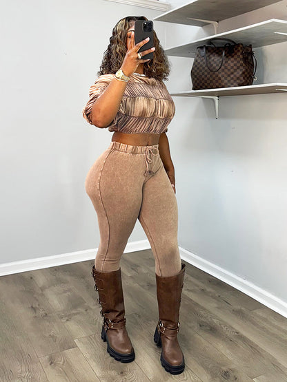 Washed Ruched Top & Flared Pants Set