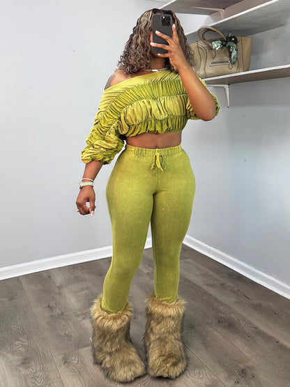 Washed Ruched Top & Flared Pants Set