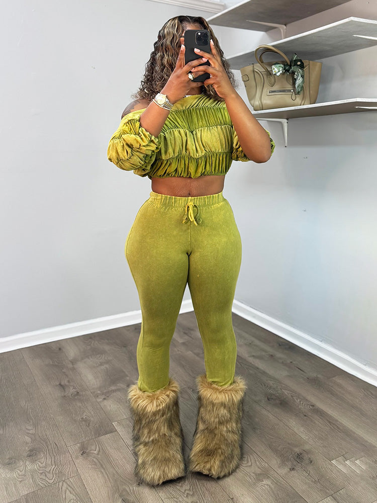 Washed Ruched Top & Flared Pants Set