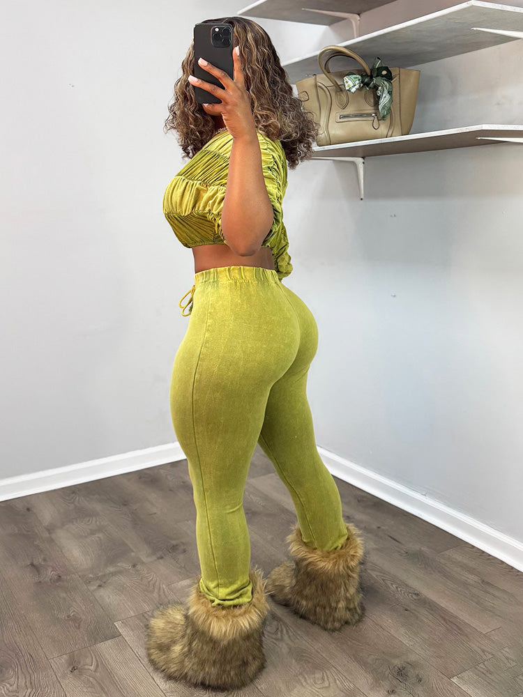 Washed Ruched Top & Flared Pants Set