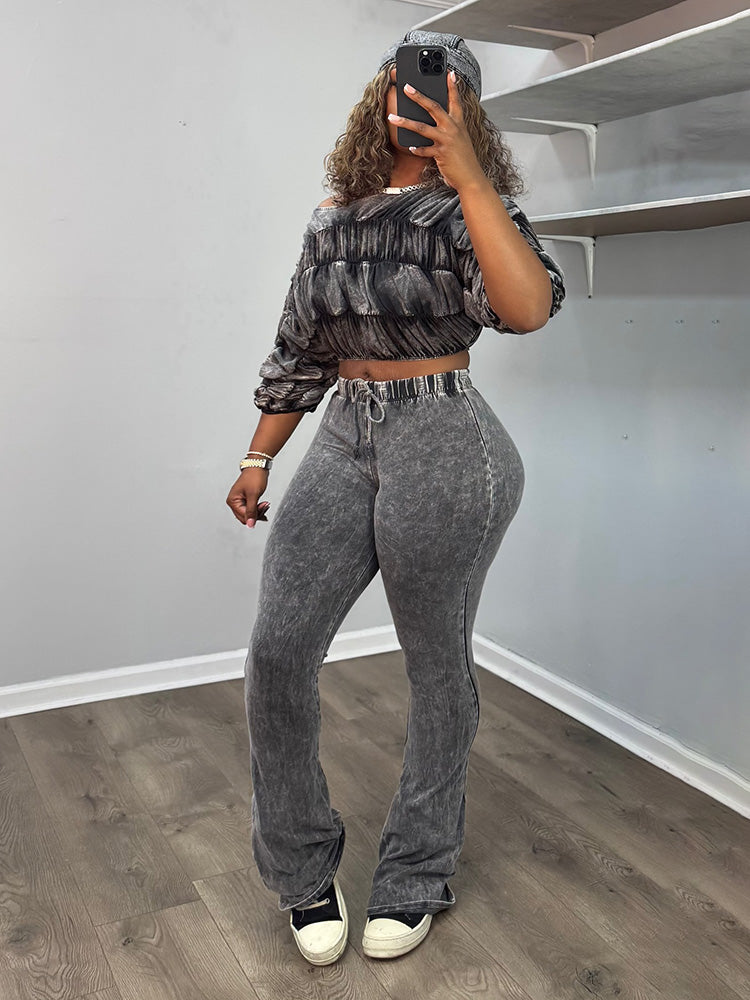 Washed Ruched Top & Flared Pants Set