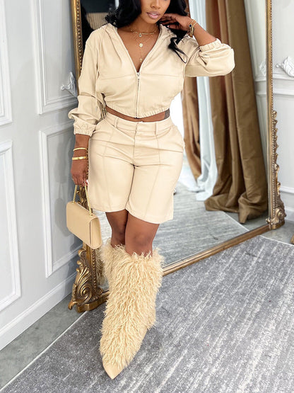 Leather Hooded Jacket & Shorts Set