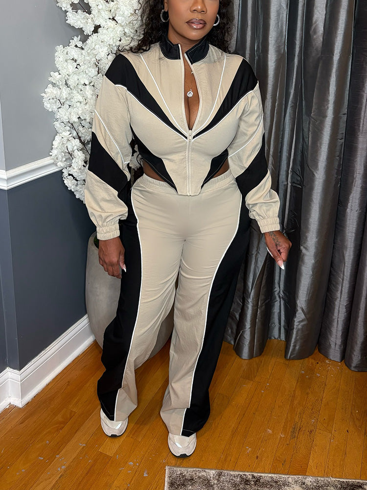 Colorblock Cropped Jacket & Track Pant Set