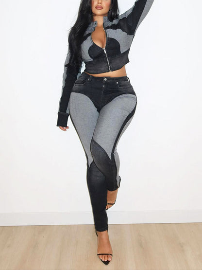 Contrast Denim Jacket & Skinny Jeans Set