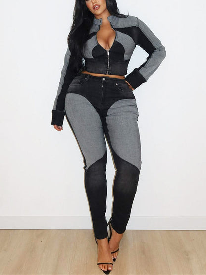 Contrast Denim Jacket & Skinny Jeans Set
