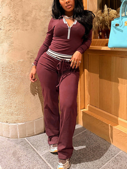 Contrast Polo Crop Top & Flared Pants Set