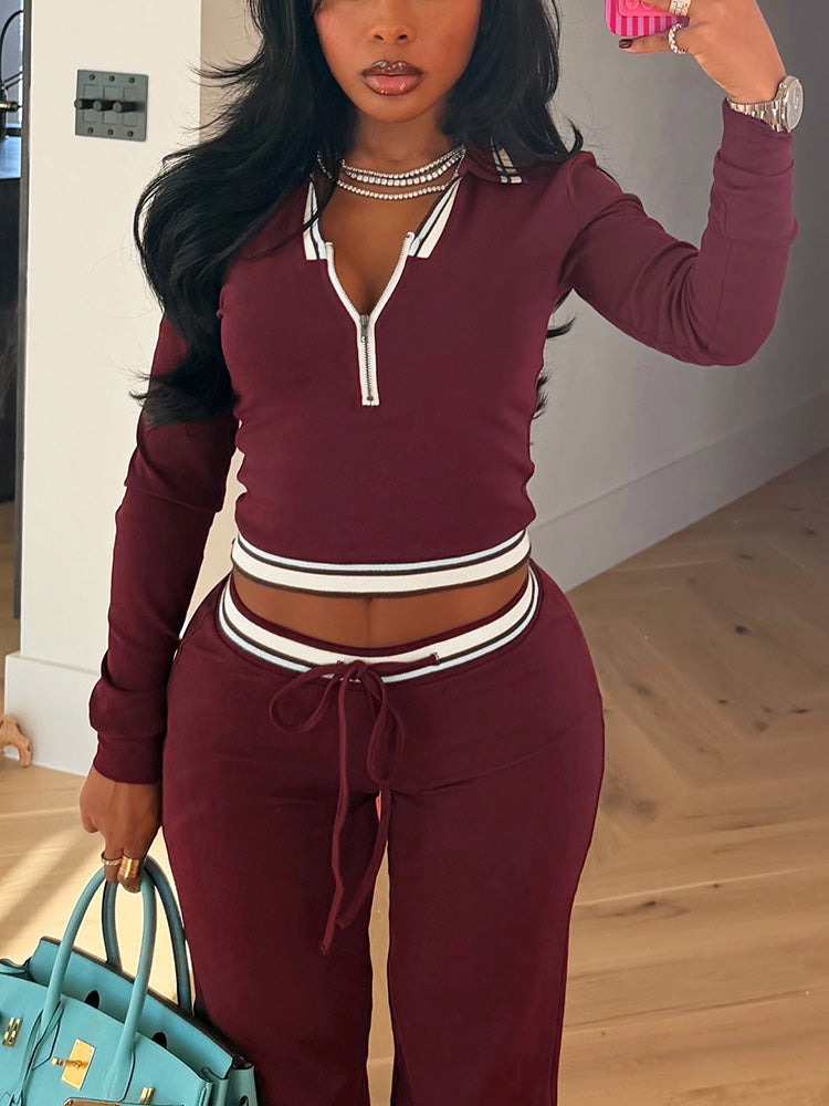 Contrast Polo Crop Top & Flared Pants Set