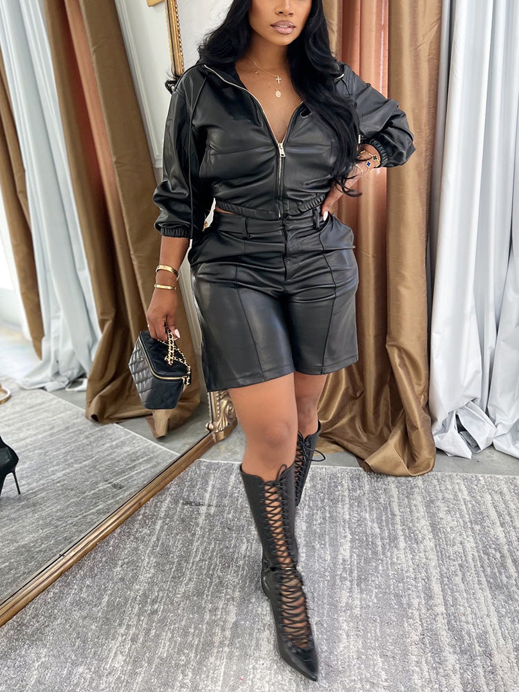 Leather Hooded Jacket & Shorts Set