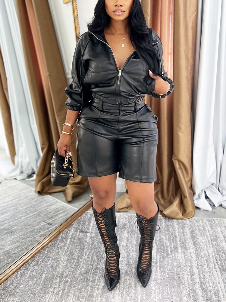 Leather Hooded Jacket & Shorts Set