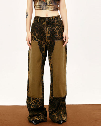 Spliced Cargo Logging Straight Leopard Print Casual Pants