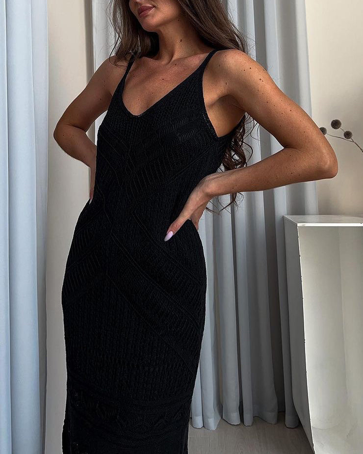 Bohemian Knitted Bodycon Slip Dress Black