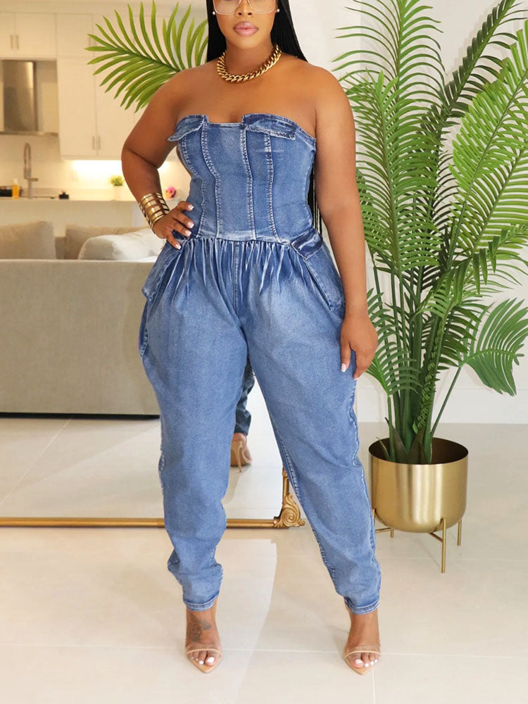 Strapless Ruched Denim Jumpsuit