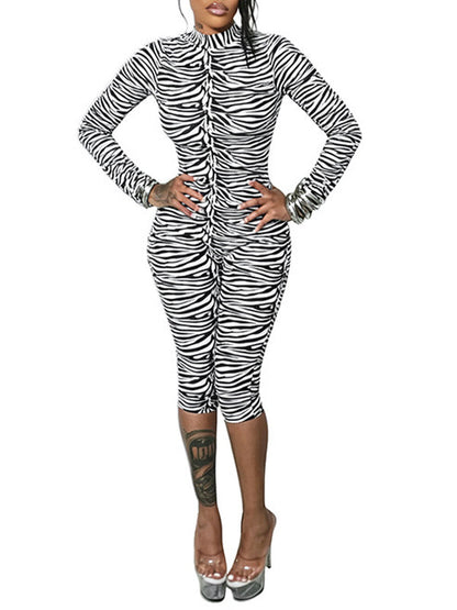 Zebra‑Print Mock Neck Jumpsuit
