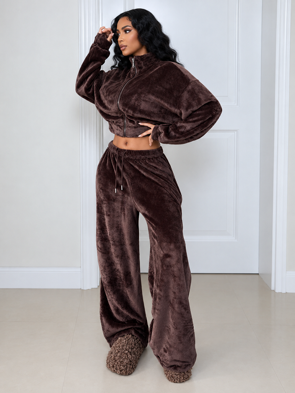 Solid Fleece Zip-Up Top & Drawstring Pants Set