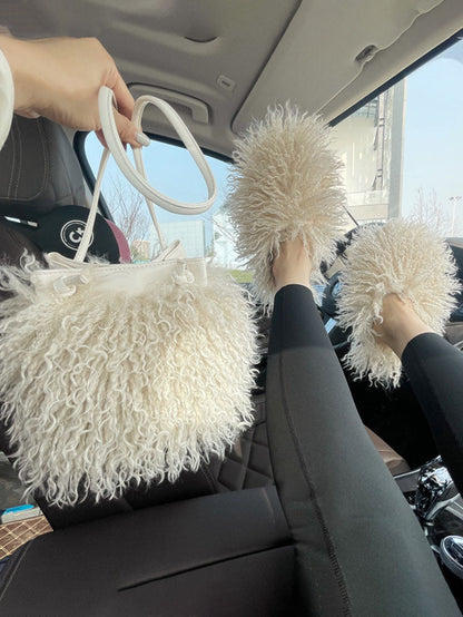 Fluffy Fur Bag & Slides Set